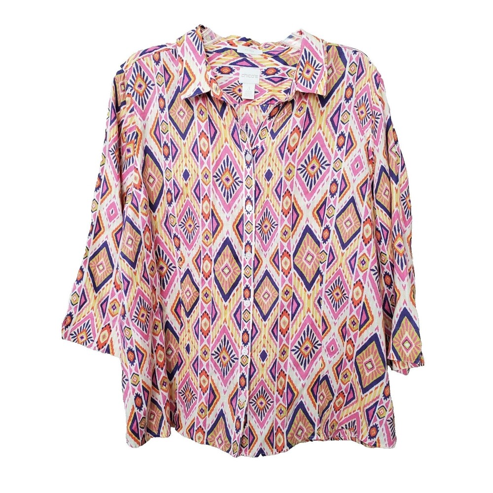 Chico's No-Iron Linen Ikat Print Button-Back Button-Up Shirt Size 3 (XL)